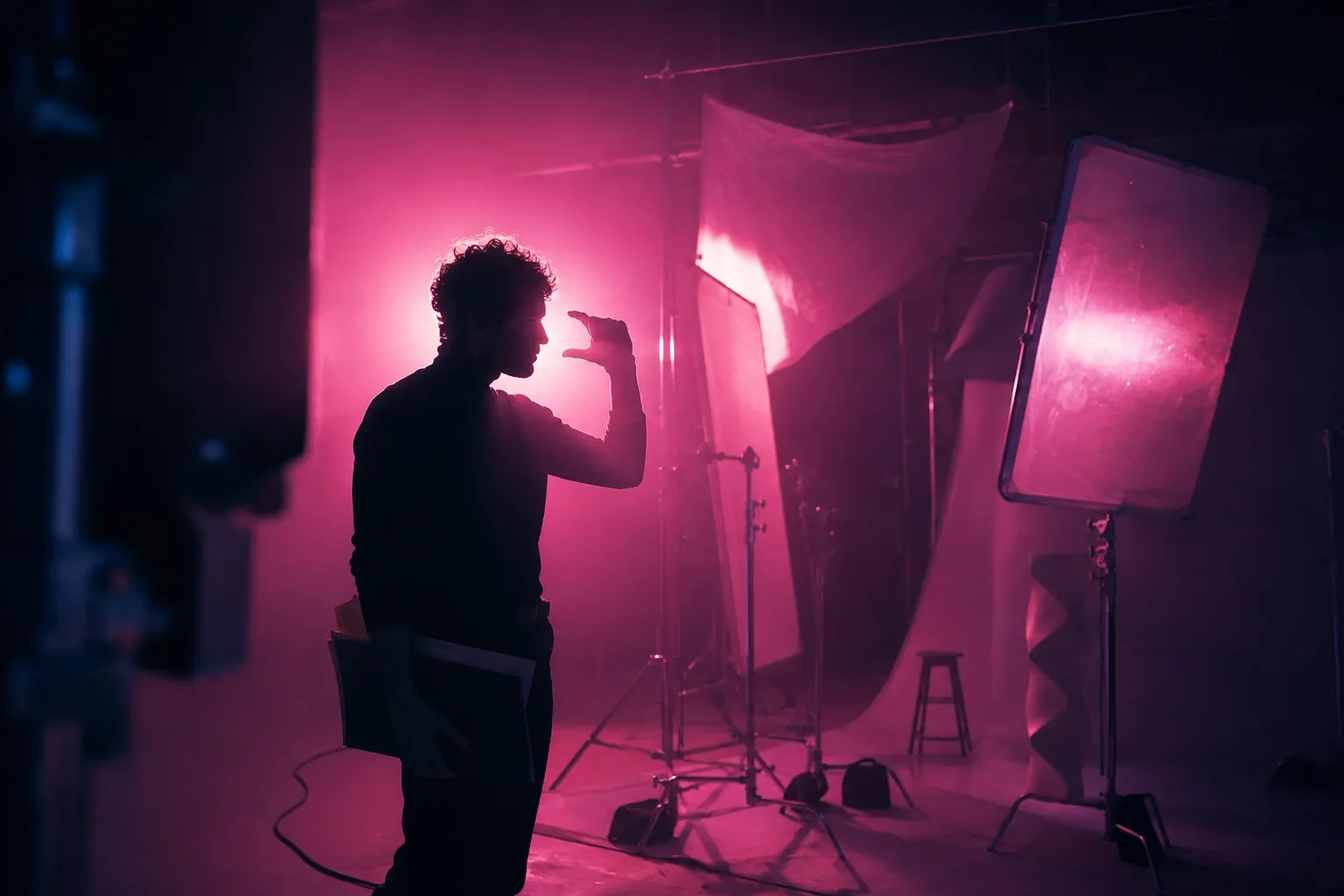 Director framing a shot on a studio set washed in pink light