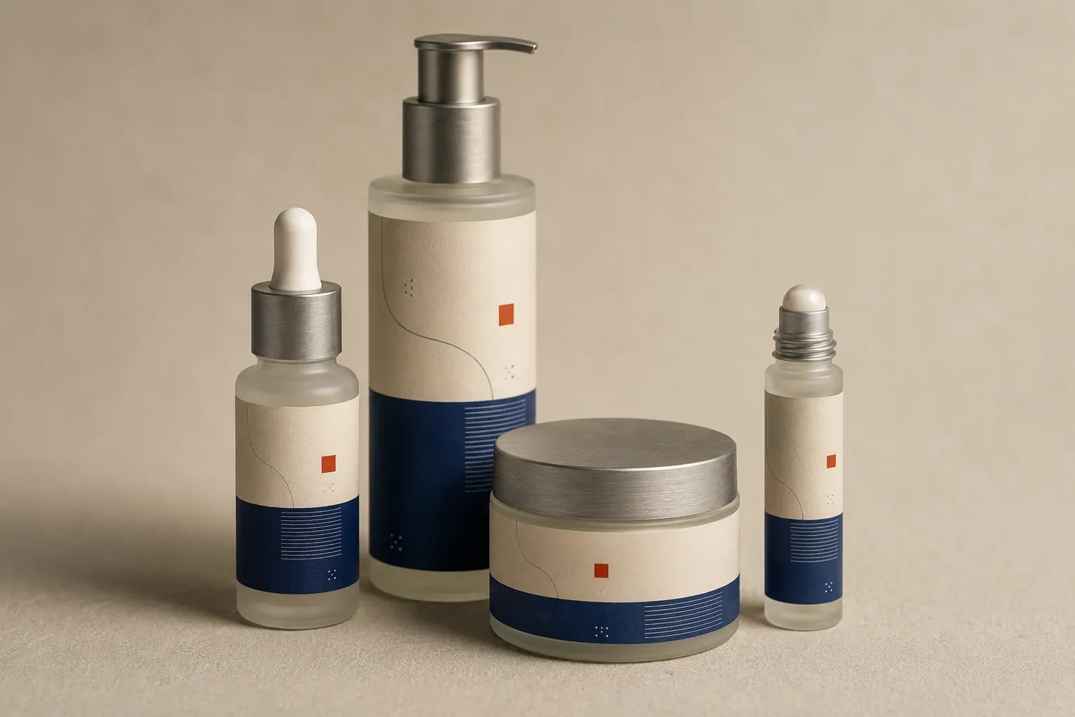 Branded packaging range — frosted bottles and jar with a cream-and-navy label system
