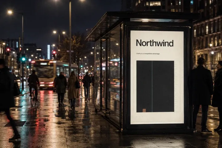 Northwind identity poster displayed at a lit bus shelter at night