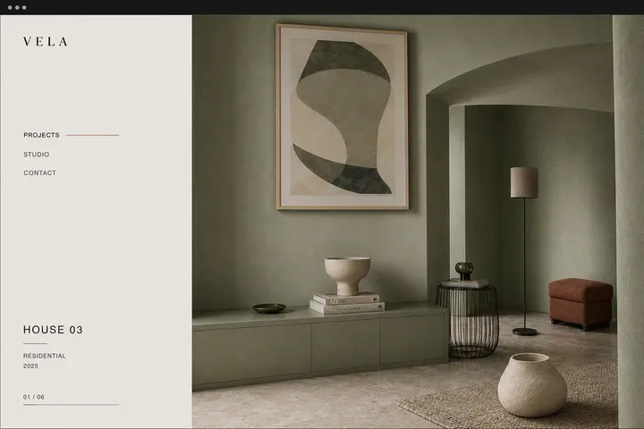 Vela Studio marketing site shown across dark browser frames and a laptop