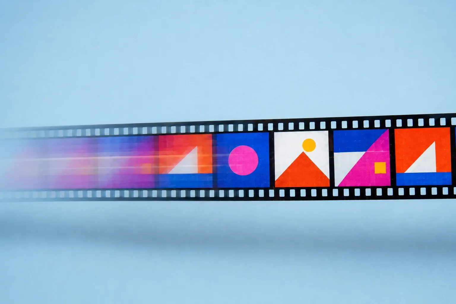 Film strip of geometric frames blurring into motion